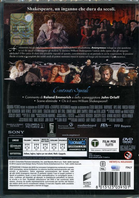 Anonymous di Roland Emmerich - DVD - 2