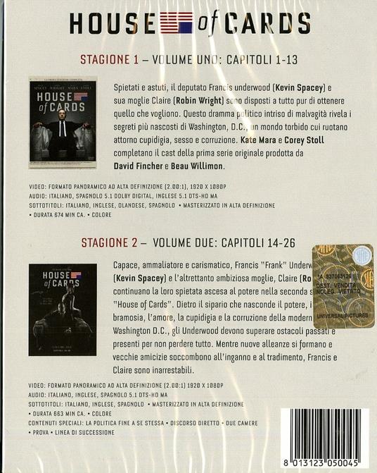 House of Cards. Stagione 1 - 2 (Serie TV ita) (8 Blu-ray) di James Foley,Carl Franklin,Allen Coulter - Blu-ray - 2