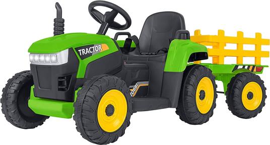 E-Spidko Trattore elettrico 12V 7AH con rimorchio colore verde, mis. 137 x 50 x 52 cm, accensione con effetti sonori reali, clacson funzionante, retromarcia, Fari LED anteriori, rimorchio staccabile, portata massima 30kg, durata batterie 1 ora