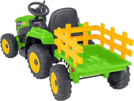 E-Spidko Trattore elettrico 12V 7AH con rimorchio colore verde, mis. 137 x 50 x 52 cm, accensione con effetti sonori reali, clacson funzionante, retromarcia, Fari LED anteriori, rimorchio staccabile, portata massima 30kg, durata batterie 1 ora - 2