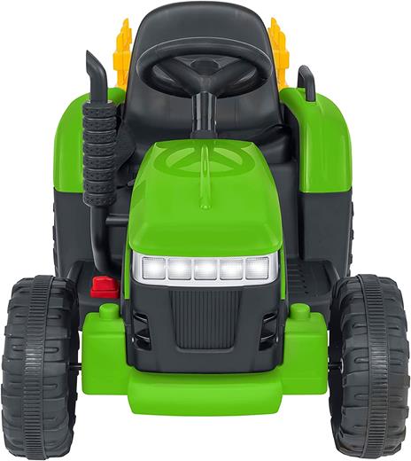 E-Spidko Trattore elettrico 12V 7AH con rimorchio colore verde, mis. 137 x 50 x 52 cm, accensione con effetti sonori reali, clacson funzionante, retromarcia, Fari LED anteriori, rimorchio staccabile, portata massima 30kg, durata batterie 1 ora - 3