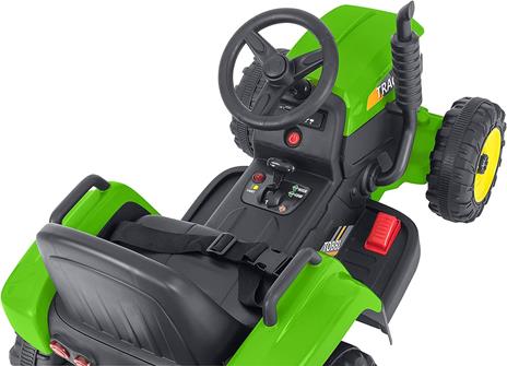 E-Spidko Trattore elettrico 12V 7AH con rimorchio colore verde, mis. 137 x 50 x 52 cm, accensione con effetti sonori reali, clacson funzionante, retromarcia, Fari LED anteriori, rimorchio staccabile, portata massima 30kg, durata batterie 1 ora - 4