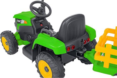 E-Spidko Trattore elettrico 12V 7AH con rimorchio colore verde, mis. 137 x 50 x 52 cm, accensione con effetti sonori reali, clacson funzionante, retromarcia, Fari LED anteriori, rimorchio staccabile, portata massima 30kg, durata batterie 1 ora - 5