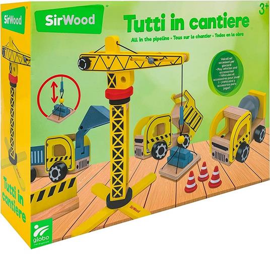 SirWood Set con Gru e 3 Mezzi da Cantiere in legno