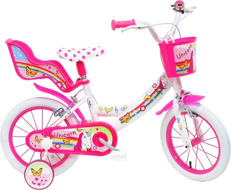 Bici Bambina 14 Pollici Unicorno, Bicicletta con Cesto e Portabambole