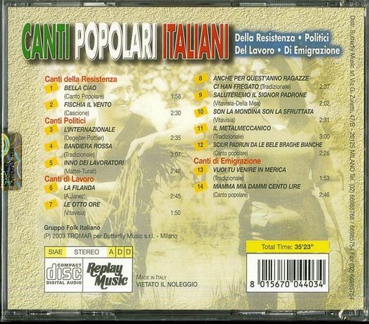 Canti popolari italiani. Della resistenza, politici, del lavoro, di emigrazione - CD Audio - 2