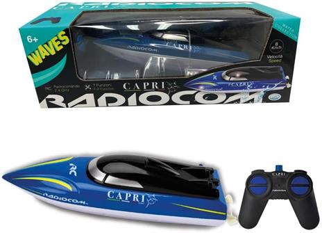Radiocom Waves - Capri RC 2,4 Ghz, motoscafo 24*7*8 cm7 funzioni (avanti, dx/sx, indietro, dx/sx, stop)tempo di gioco 20 minutibatteria al litio 3,7 V 500 mAh inclusa