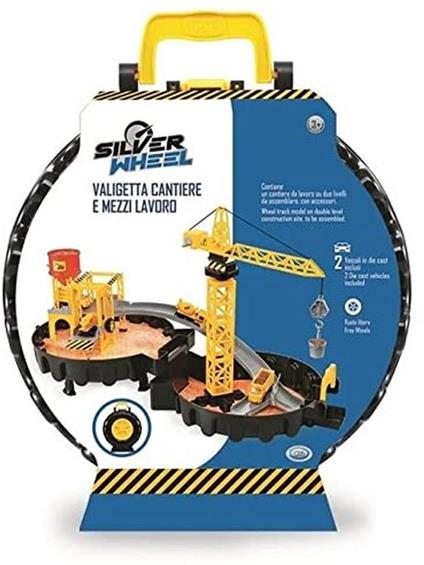 Silver Wheel - Valigetta cantiere e Mezzi lavoroPlayset con gru, carrucla ed elevatore con 2 veicoli in die cast