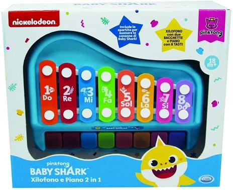 Baby Shark - Piano xilofono 2 in 1con 8 tasti (1 scala di note musicali)2 bacchettemisura prodotto: 19,8 x 15,7 x 5 cm