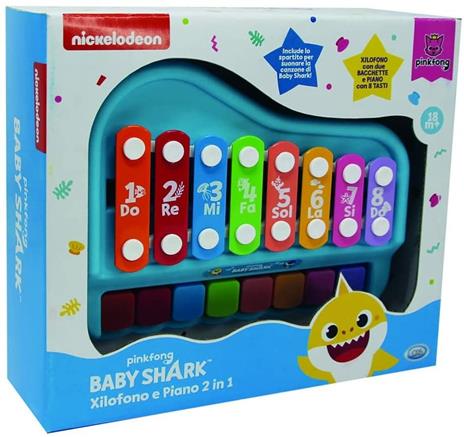 Baby Shark - Piano xilofono 2 in 1con 8 tasti (1 scala di note musicali)2 bacchettemisura prodotto: 19,8 x 15,7 x 5 cm - 2