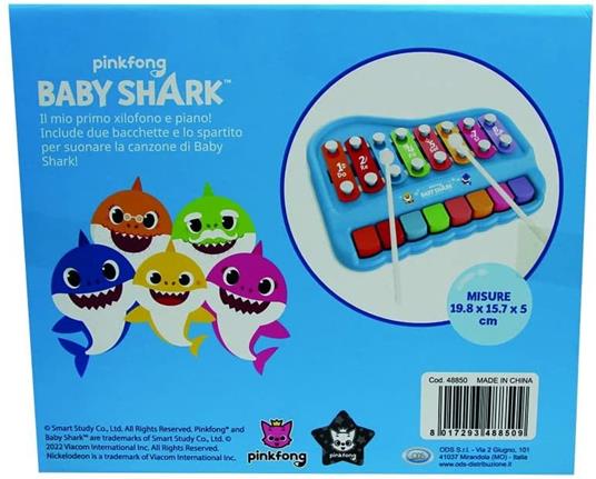 Baby Shark - Piano xilofono 2 in 1con 8 tasti (1 scala di note musicali)2 bacchettemisura prodotto: 19,8 x 15,7 x 5 cm - 3
