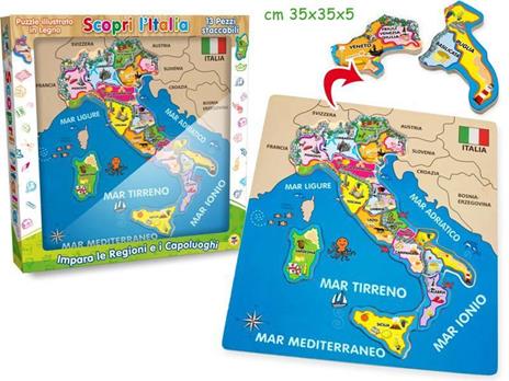 Puzzle Italia In Legno Cartina Geografica Italiana Con Info E Monumenti  40x30cm 
