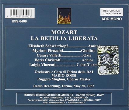 La Betulia Liberata - CD Audio di Wolfgang Amadeus Mozart,Elisabeth Schwarzkopf,Boris Christoff,Mario Rossi,Orchestra Sinfonica RAI di Torino