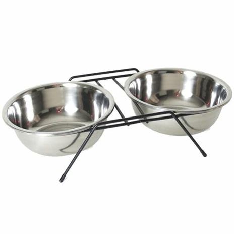 Ciotola Doppia Per Cani 14 Cm Con Supporto Cibo Acqua Acciaio - 2