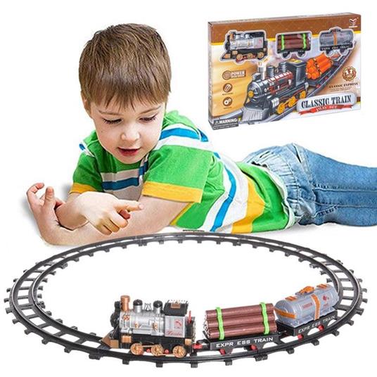 Pista Treno Trenino Per Bambini Lunghezza 144Cm Con Binari Locomotiva E 2 Vagoni