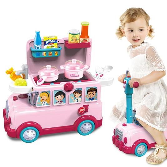 Cavalcabile Trolley Schoolbus Cucina Giocattolo Bambini 3In1 Luci Suoni Accessori