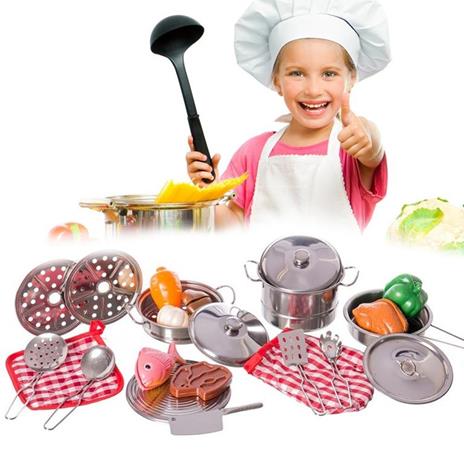 Set Cucina Giocattoli Bambini In Metallo 23Pz Con Pentole Mestoli E Accessori