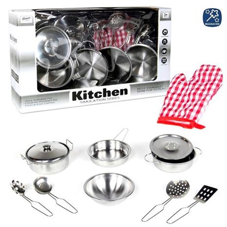 Set Cucina Giocattoli Per Bambini In Metallo 10Pz Con Pentole Mestoli E Guanto