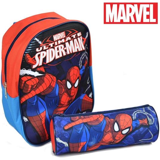 Zaino Zainetto Asilo Spiderman + Astuccio Tombolino Kit Scuola Bambini