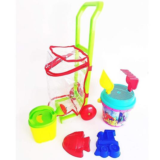 Set 8Pz Carrello Con Secchiello Paletta Rastrello Formine Sabbia Gioco Spiaggia Mare Bambini