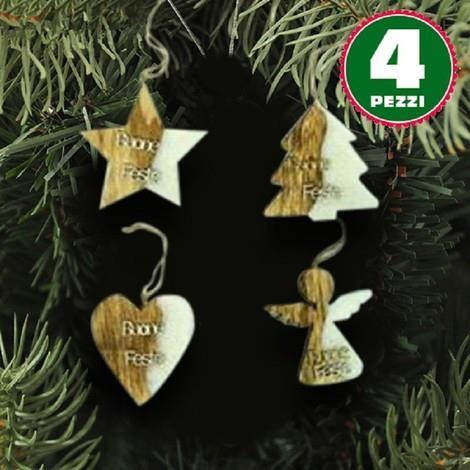 4 Appendini Natale Legno Ovatta Forma Stella Albero Angelo Cuore Con Scritta Buone Feste