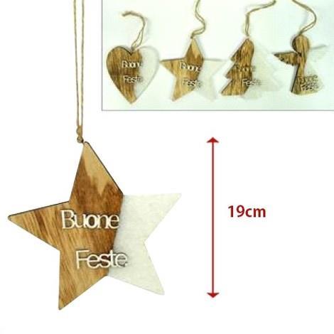 4 Appendini Natale Legno Ovatta Forma Stella Albero Angelo Cuore Con Scritta Buone Feste - 2