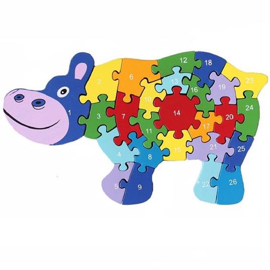 Puzzle Legno Ippopotamo Educativo Lettere Numeri Bambini Imparare - 2