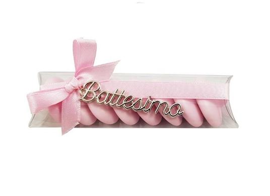 Kit Bomboniera Per Battesimo 12 Tubi + 12 Targhette Nastro Bigliettini, Rosa