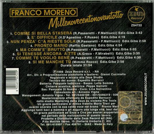 Millenovecentonovantotto - CD Audio di Franco Moreno - 2