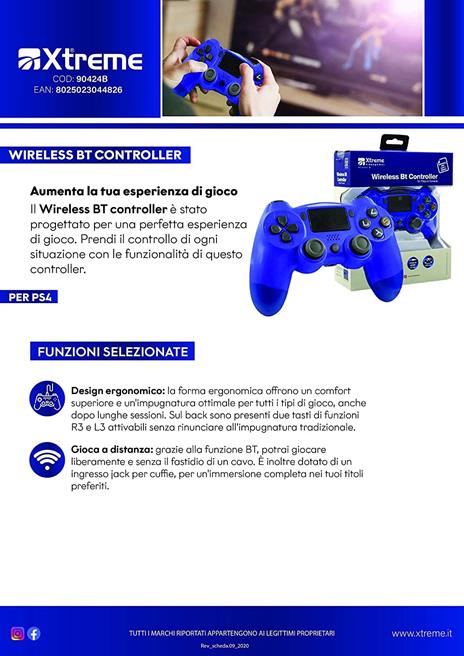 Xtreme Wireless BT Controller Nero 3,5 mm Gamepad Analogico/Digitale PlayStation 4 - 5