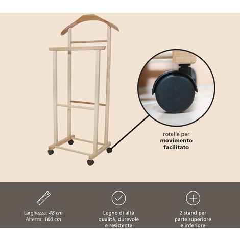 Appendiabiti Indossatore Servomuto Camera Abiti Servo Muto per Camera Doppio in Legno con Cassetto e Robusto Telaio A 106,6 x L 34,2 x P 43,1 cm Legno Massiccio 