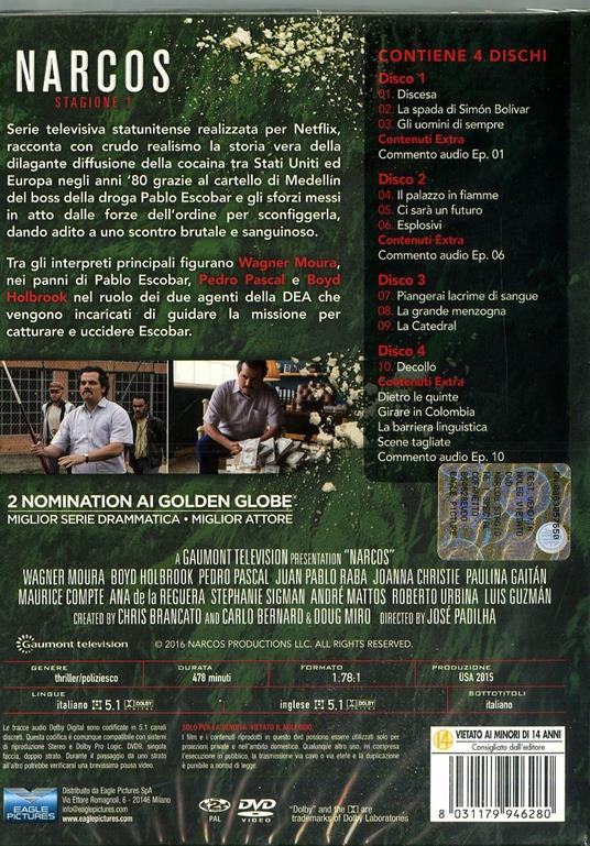 Narcos. Stagione 1 (4 DVD) di Andrés Baiz,Fernando Coimbra,Guillermo Navarro,José Padilha - DVD - 2