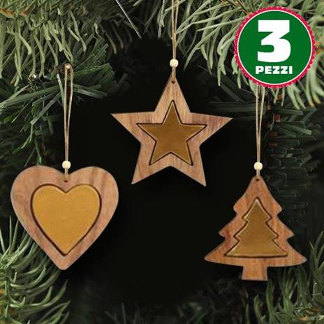 3 Appendini Natale Legno Stella Albero Cuore Oro