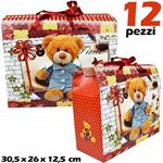 Buste Sacchetti Regalo Borsetta Con Orsetto In Cartoncino 30X26X12 Cm, 12 Pezzi