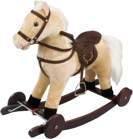 Cavallo a Dondolo Beige con Ruote, Peluche Cavalcabile, Nitrisce e Muove la Bocca