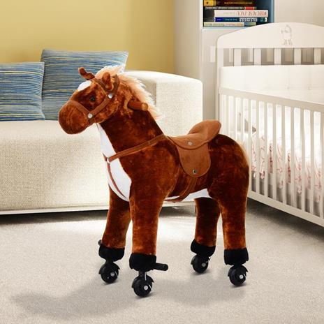 Cavallo Cavalcabile in Peluche Giocattolo con Suoni e Ruote per Bambini Marrone - 3