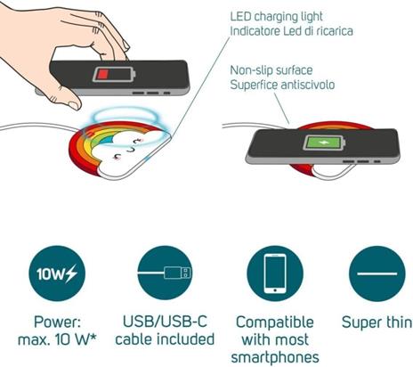 Caricabatterie Wireless per Smartphone Legami, Super Fast  Wireless Charger Rainbow - 2