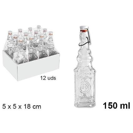 Set 12 Pz Bottiglie In Vetro Quadrata Decorata Con Tappo Meccanico 150 Ml 108008