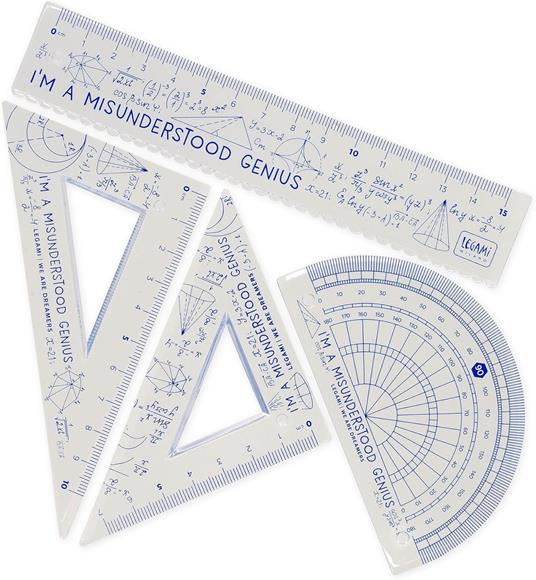 Legami - Set di Geometria, Set con Righello da 15 cm, Squadra 60° da 10 cm, Goniometro 180° per la Scuola
