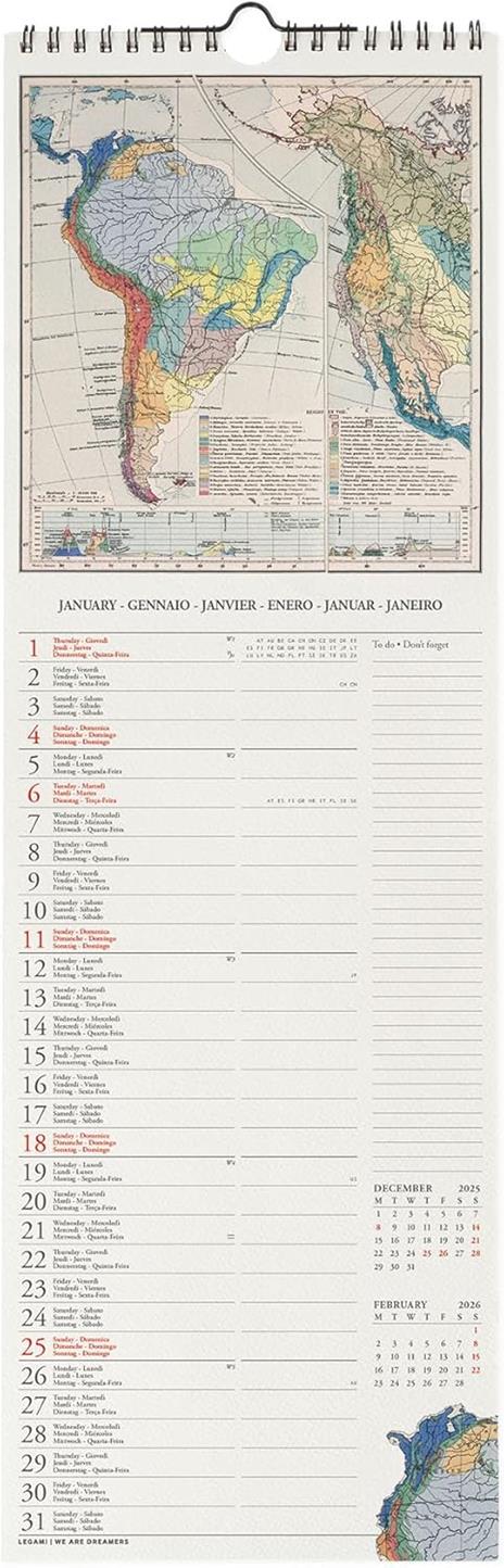 Calendario 2026 da Parete  - Vintage Maps - 16 x 49 cm - 2
