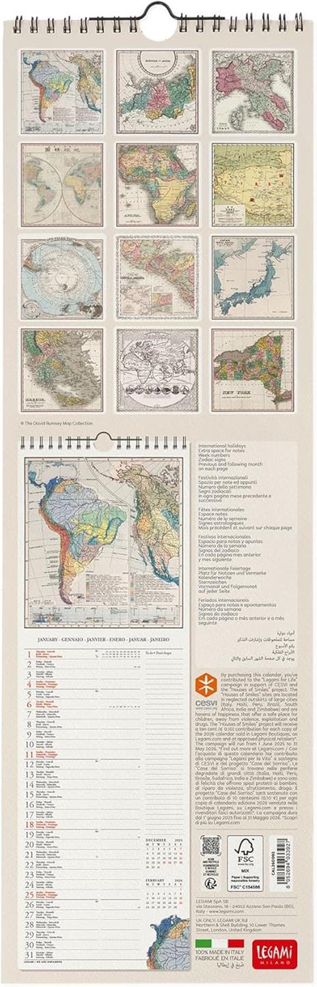 Calendario 2026 da Parete  - Vintage Maps - 16 x 49 cm - 3