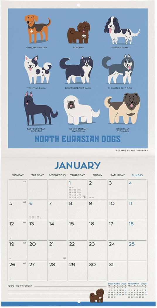 Calendario 2026 da Parete  - Dogs Of The World - 18 x 18 cm - 2
