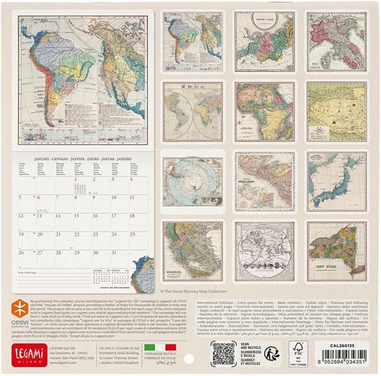 Calendario 2026 da Parete  - Vintage Maps - 18 x 18 cm - 3