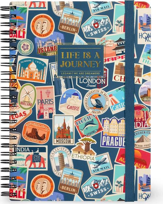 Lined Spiral- Bound Notebook - Spiral Notebook - Large - Travel Stickers