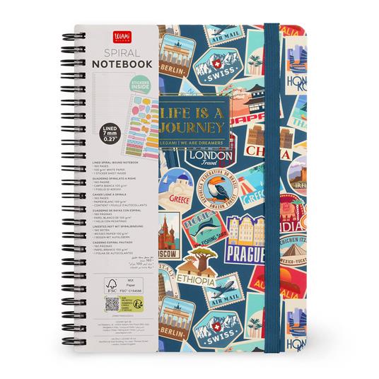 Lined Spiral- Bound Notebook - Spiral Notebook - Large - Travel Stickers - 7