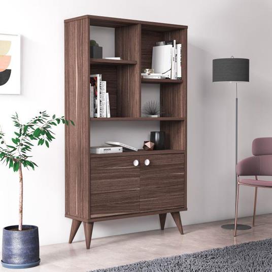 Libreria con due ante battenti e cinque scomparti aperti, cm 75 x 25 x 131, colore noce