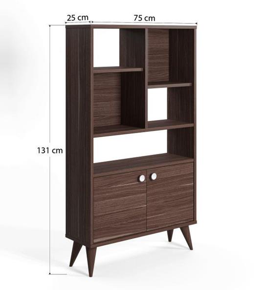 Libreria con due ante battenti e cinque scomparti aperti, cm 75 x 25 x 131, colore noce - 3