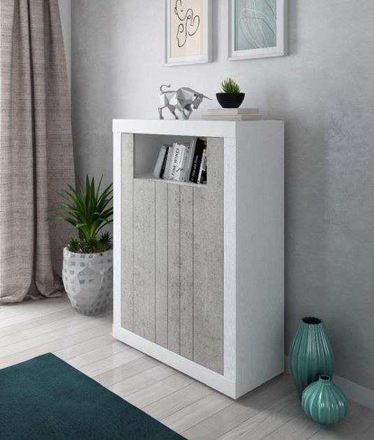 Credenza alta moderna di design a 2 ante e scaffali, Buffet da cucina, Madia con scaffali e