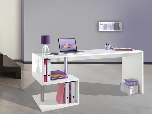 Scrivania moderna ad Esse per ufficio e studio con scaffale, Made in Italy,  Tavolo da computer, Scrittoio porta PC, cm 180x60h78, colore Bianco lucido