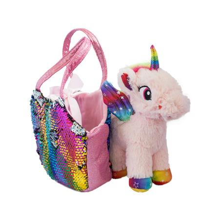 Unicorno Peluche 20 Cm Con Tessuto Glitter In Borsetta Di Pailette Magiche 13X25X20 Cm